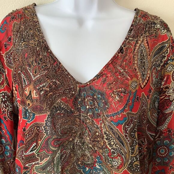 Chico’s Red Bohemian Hippie Whimsygoth Romantic Fairy Silk Paisley Blouse Size 1 - Picture 2 of 12